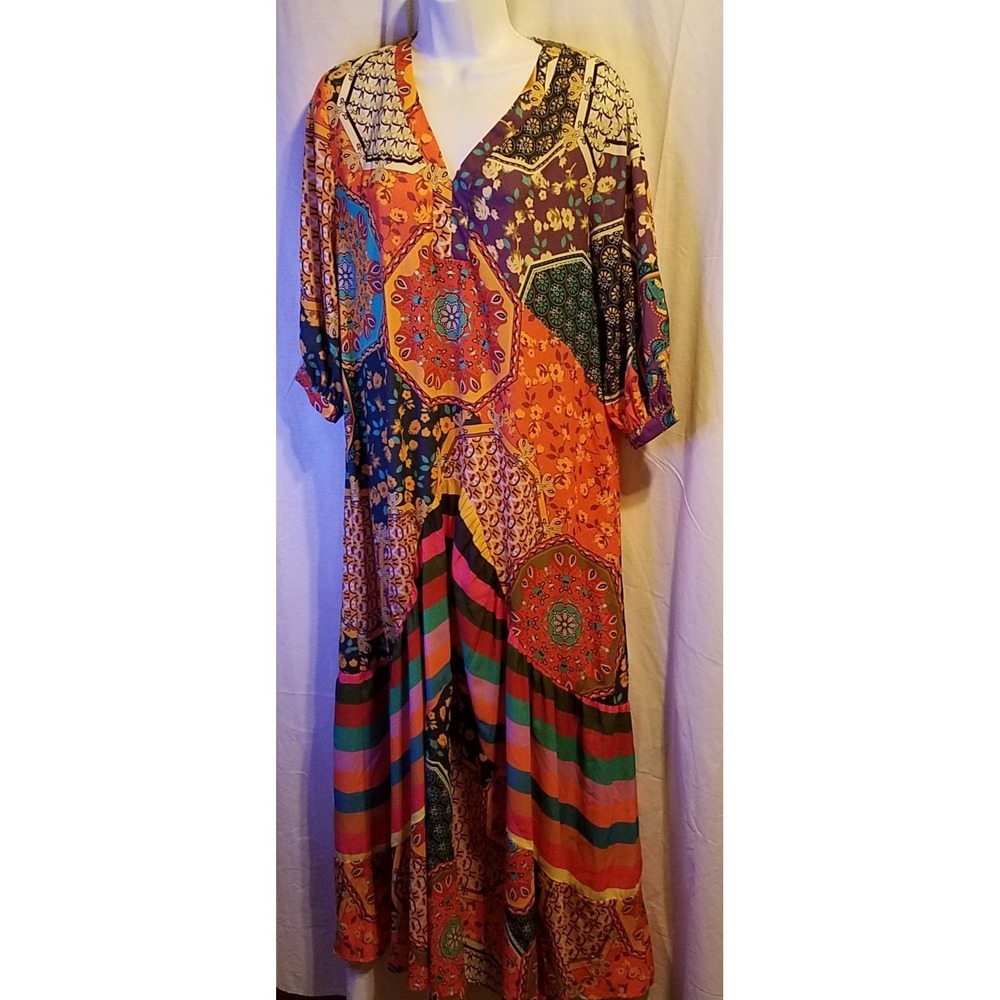 Cezele Collection Maxi‎ Dress Bohemian Print Long Sleeve V Neck Size M